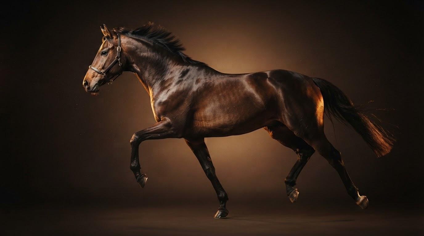 Cavallo al trotto con la spalla in piena estensione, ripreso in studio su fondo scuro