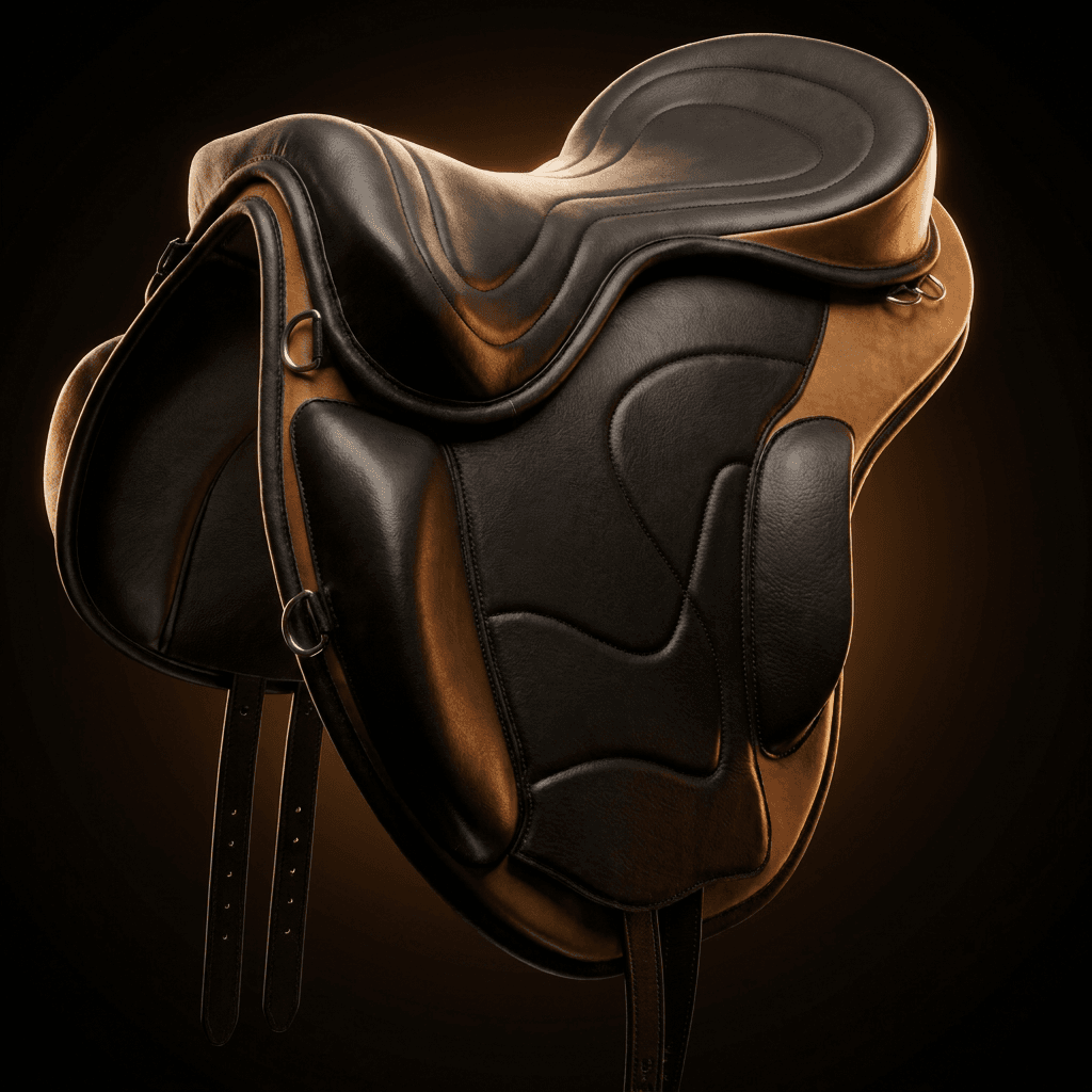 Sella Freeform Classic in pelle nera e cuoio, studio su fondo scuro